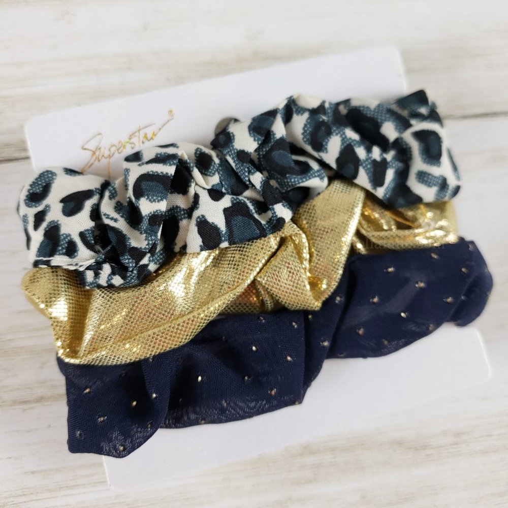Leopard, Gold, and Polka Dot Scrunchie Set - Navy